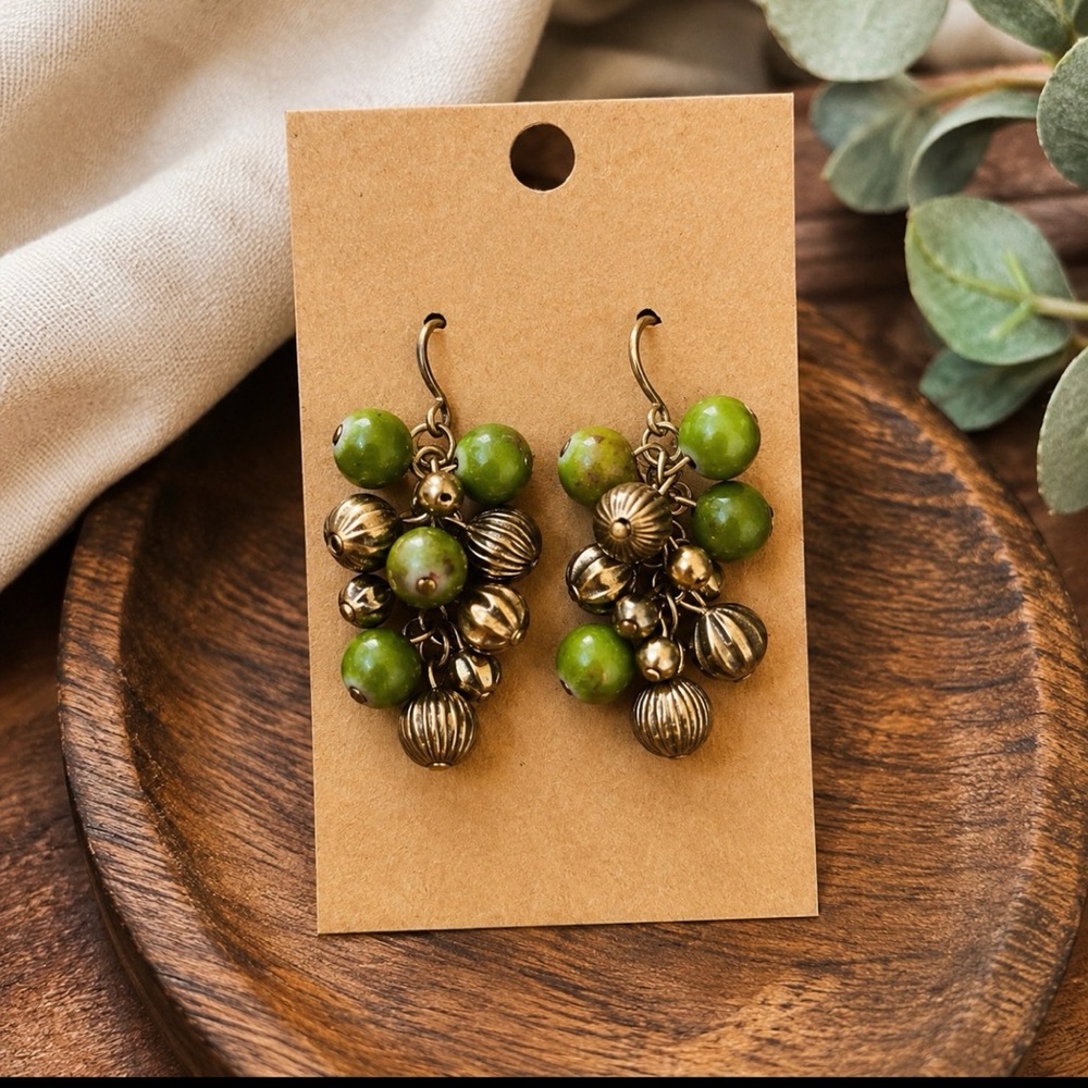 Vintage Artisan Green Glass & Antiqued Brass Cluster Dangle Earrings Boho